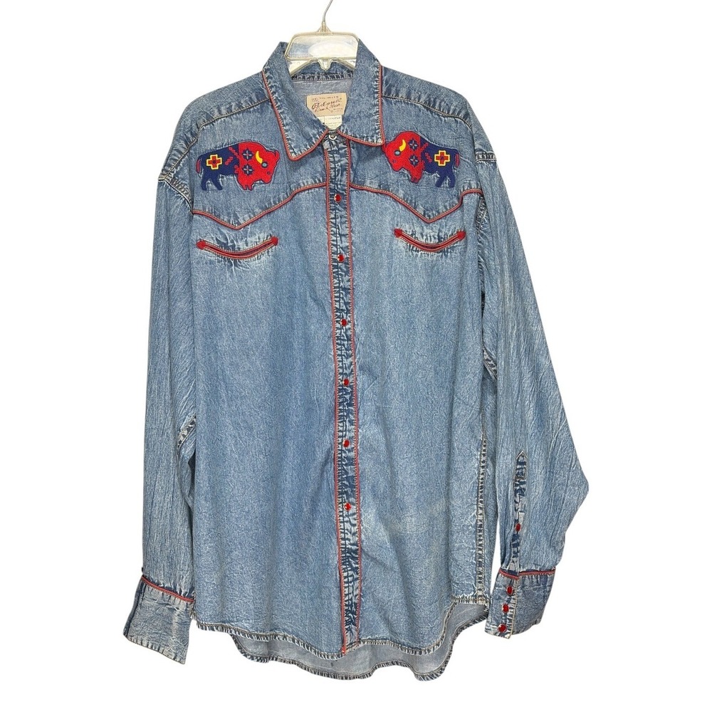 Rockmount Ranch Wear Mens XL Blue Denim Bison Embroidered Western Snap Shirt